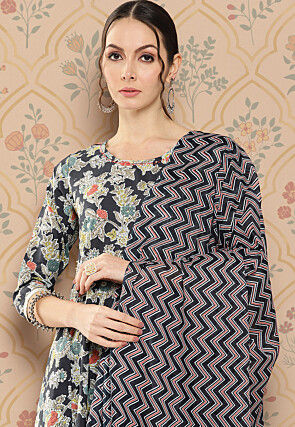 Printed Pure Cotton Anarkali Suit in Black