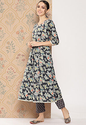 Printed Pure Cotton Anarkali Suit in Black