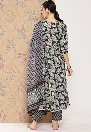 Printed Pure Cotton Anarkali Suit in Black