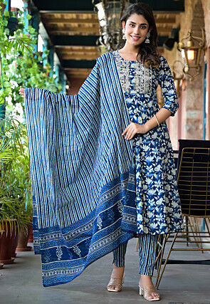 Printed Pure Cotton Anarkali Suit in Blue