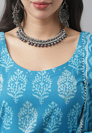 Printed Pure Cotton Anarkali Suit in Blue