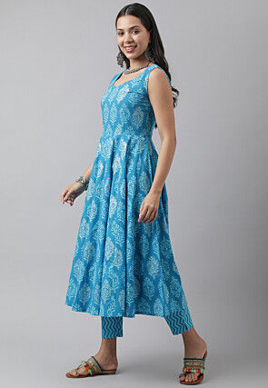 Printed Pure Cotton Anarkali Suit in Blue