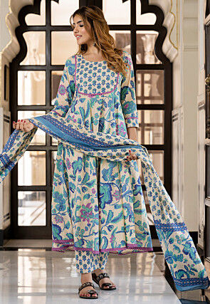 Printed Pure Cotton Anarkali Suit in Cream