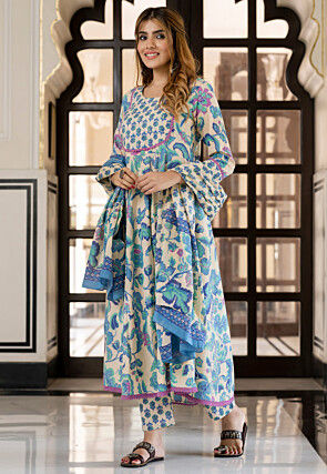 Printed Pure Cotton Anarkali Suit in Cream
