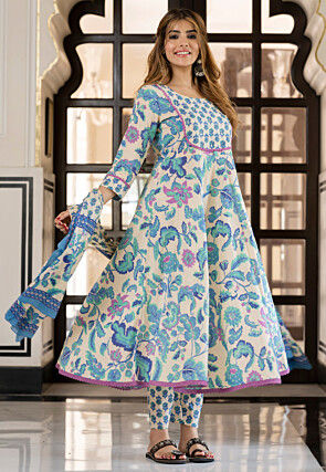 Printed Pure Cotton Anarkali Suit in Cream