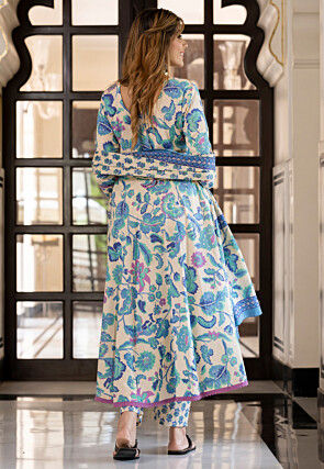 Printed Pure Cotton Anarkali Suit in Cream