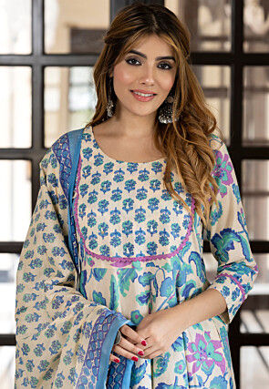 Printed Pure Cotton Anarkali Suit in Cream