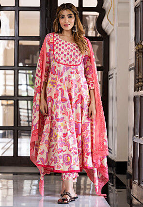 Printed Pure Cotton Anarkali Suit in Cream