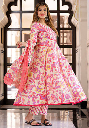 Printed Pure Cotton Anarkali Suit in Cream