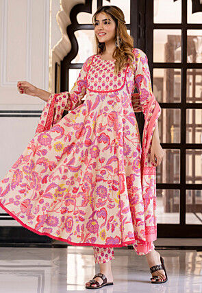 Printed Pure Cotton Anarkali Suit in Cream