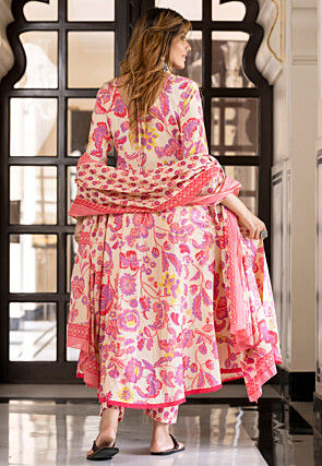 Printed Pure Cotton Anarkali Suit in Cream