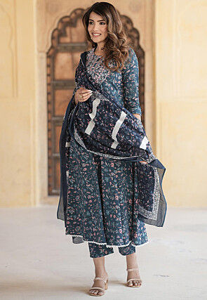 Printed Pure Cotton Anarkali Suit in Dark Blue