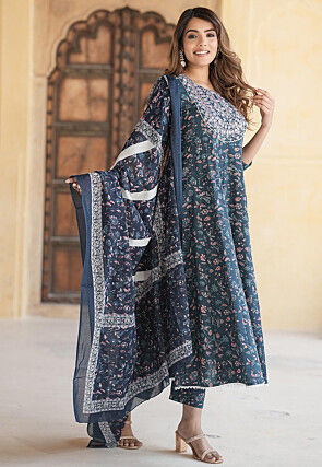Printed Pure Cotton Anarkali Suit in Dark Blue