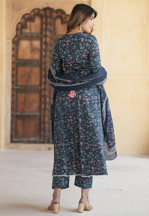Printed Pure Cotton Anarkali Suit in Dark Blue