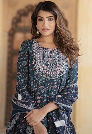 Printed Pure Cotton Anarkali Suit in Dark Blue