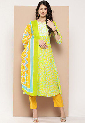 Printed Pure Cotton Anarkali Suit in Green