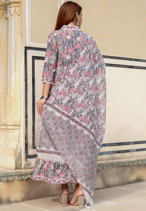 Printed Pure Cotton Anarkali Suit in Light Grey