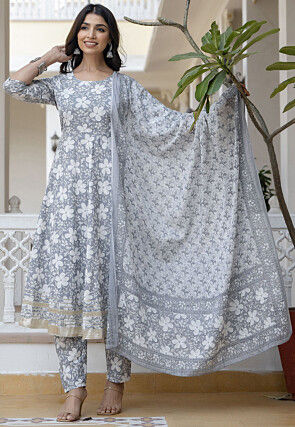 Printed Pure Cotton Anarkali Suit in Light Grey
