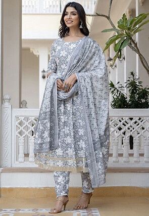 Printed Pure Cotton Anarkali Suit in Light Grey