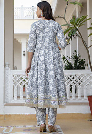 Printed Pure Cotton Anarkali Suit in Light Grey