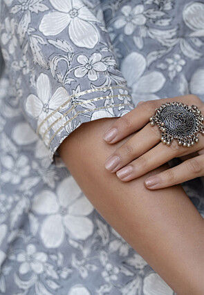 Printed Pure Cotton Anarkali Suit in Light Grey