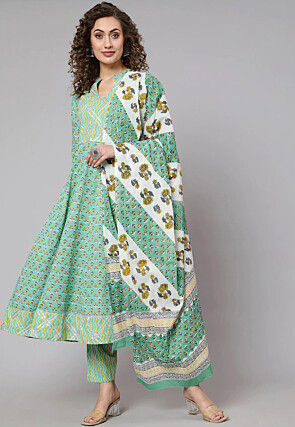 Printed Pure Cotton Anarkali Suit in Light Teal Green