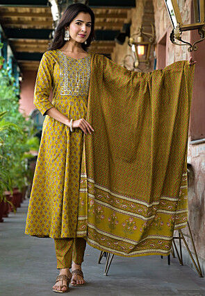 Printed Pure Cotton Anarkali Suit in Mustard