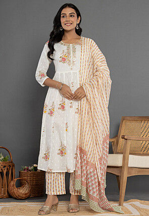Printed Pure Cotton Anarkali Suit in Off White