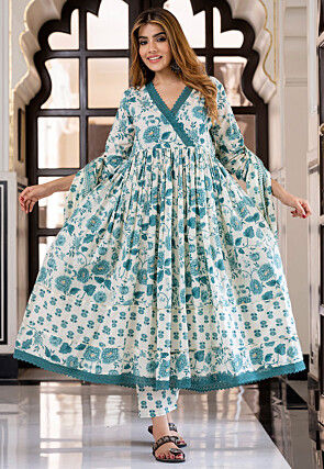 white christmas dresses Women's cotton Anarkali Kurta with embroidery with pant and mulmul dup –  Bairaj main image 0