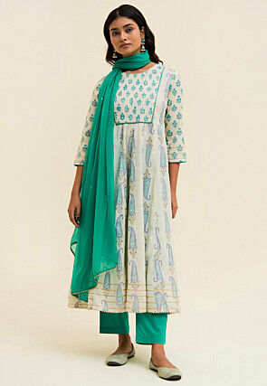 Printed Pure Cotton Anarkali Suit in Off White
