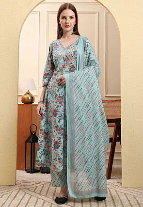 Printed Pure Cotton Anarkali Suit in Pastel Green