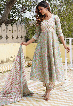 Printed Pure Cotton Anarkali Suit in Patel Green