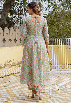Printed Pure Cotton Anarkali Suit in Patel Green