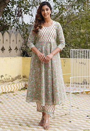 Printed Pure Cotton Anarkali Suit in Patel Green