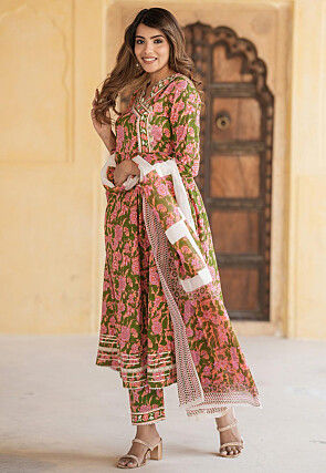 Printed Pure Cotton Anarkali Suit in Peach Orange