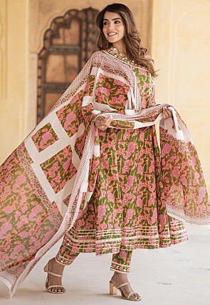 Printed Pure Cotton Anarkali Suit in Peach Orange