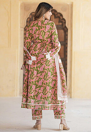 Printed Pure Cotton Anarkali Suit in Peach Orange