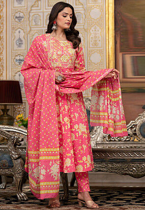 Printed Pure Cotton Anarkali Suit in Pink