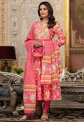 Printed Pure Cotton Anarkali Suit in Pink