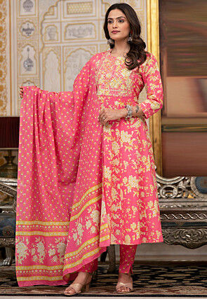 Printed Pure Cotton Anarkali Suit in Pink