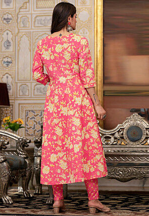 Printed Pure Cotton Anarkali Suit in Pink