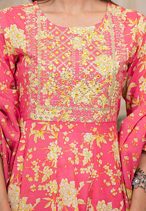 Printed Pure Cotton Anarkali Suit in Pink