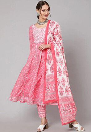 Printed Pure Cotton Anarkali Suit in Pink