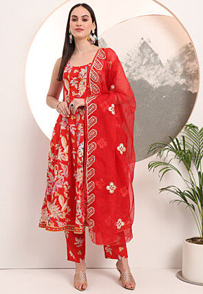 Printed Pure Cotton Anarkali Suit in Red
