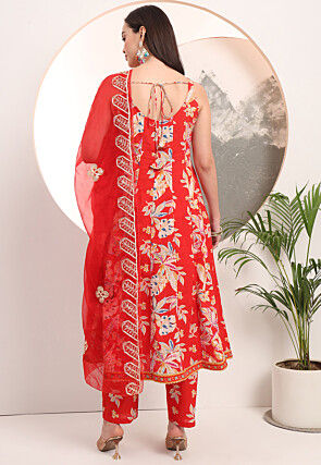 Printed Pure Cotton Anarkali Suit in Red