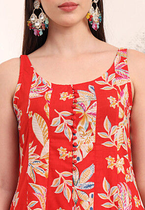 Printed Pure Cotton Anarkali Suit in Red