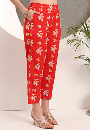 Printed Pure Cotton Anarkali Suit in Red