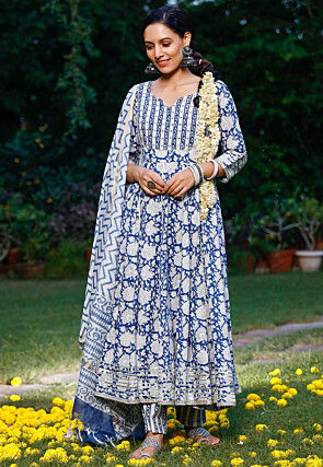 Printed Pure Cotton Anarkali Suit in Royal Blue