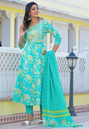 Printed Pure Cotton Anarkali Suit in Turquoise