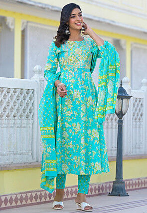 Printed Pure Cotton Anarkali Suit in Turquoise